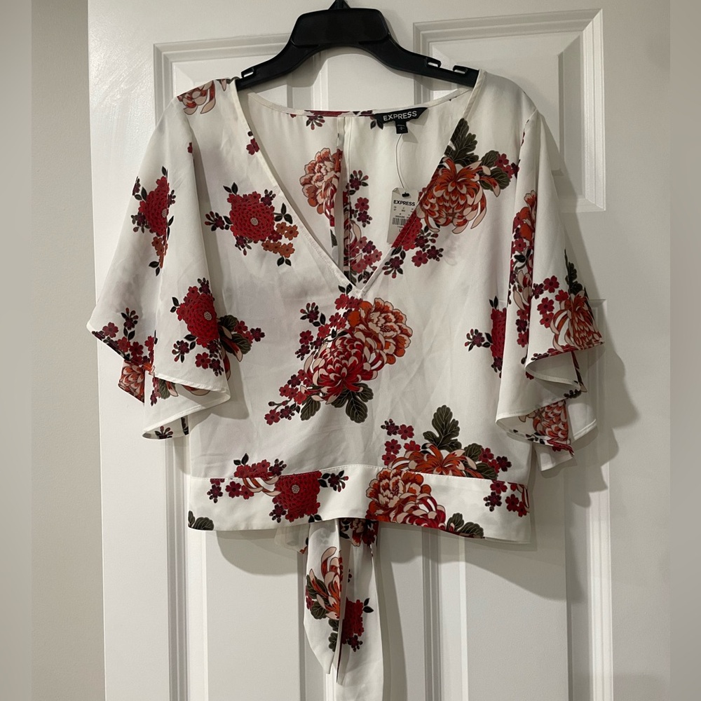 Express Floral Kimono Sleeve Blouse - White and Red